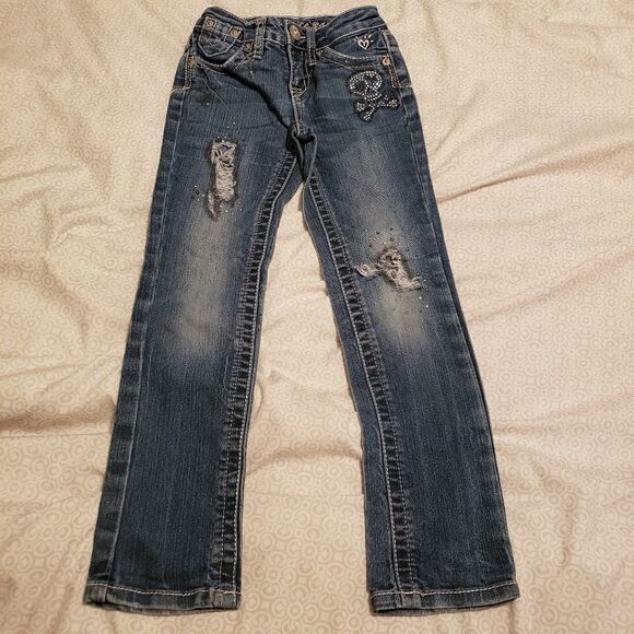 JUSTICE SKULL BLING DISTRESSED JEANS SIZE 7S - Picture 1 of 6